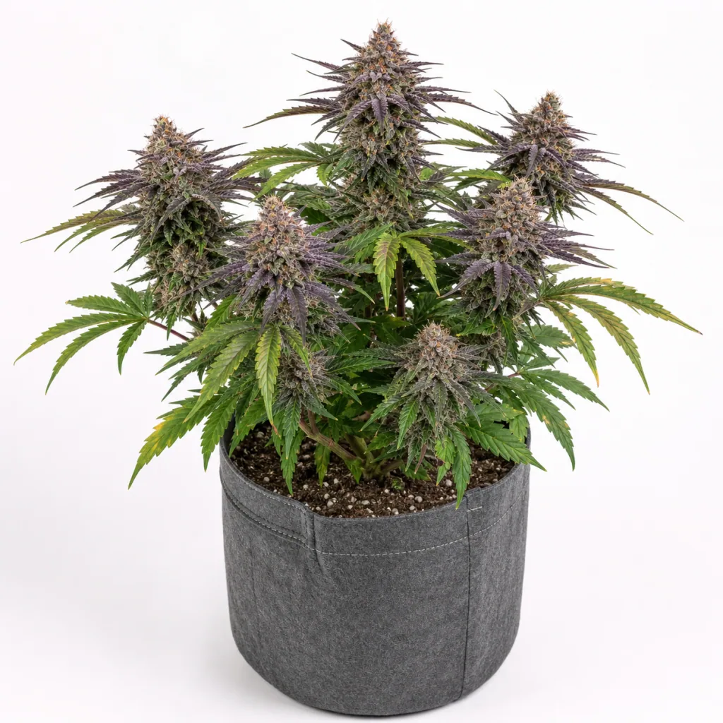 Planta de Super Silver Haze de Mr. Nice en maceta textil gris, con cogollos prominentes y hojas verdes y moradas sobre fondo blanco.