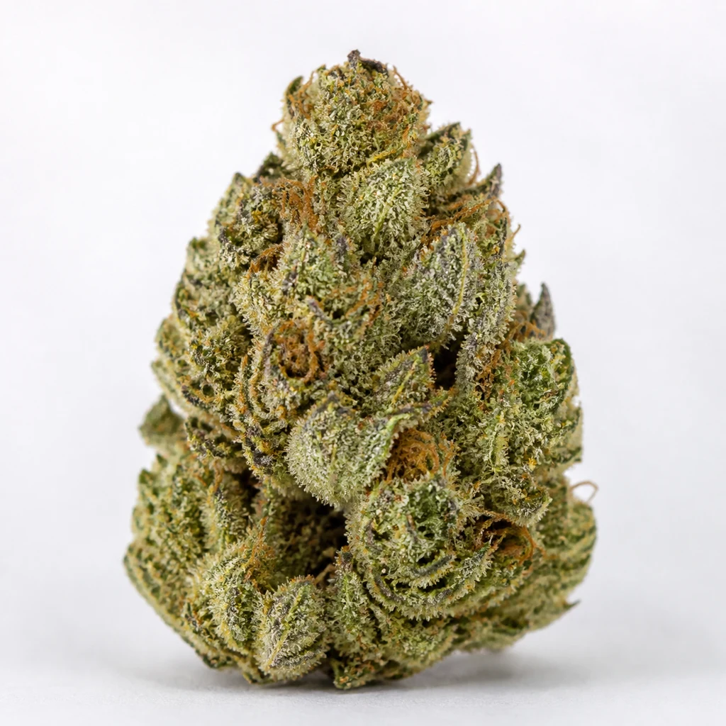 Ilustración de un cogollo verde con filamentos anaranjados y superficie escarchada para la ficha de Super Skunk Auto de Sensi Seeds.