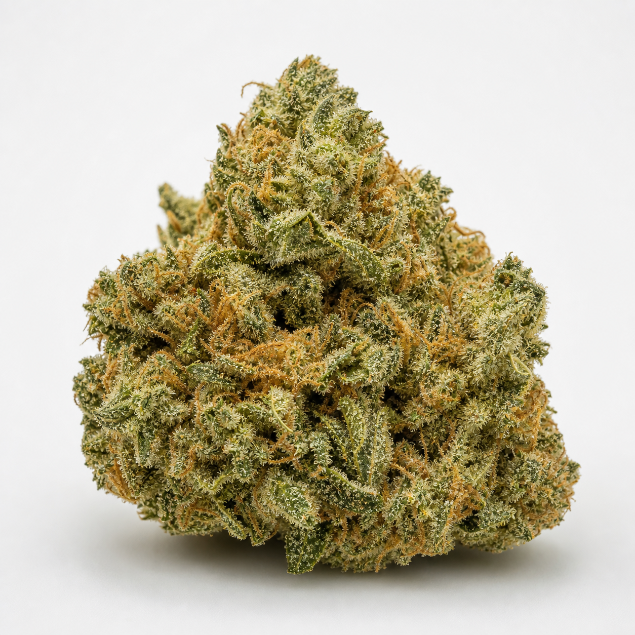 Cogollo de Super Skunk Auto de forma ancha e irregular, con pequeñas hojas verdes, filamentos anaranjados y abundantes puntos claros.