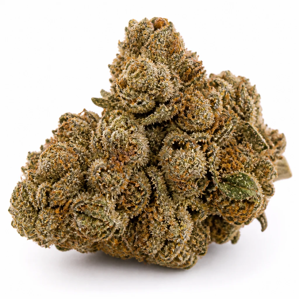 Ilustración de un cogollo compacto con pistilos anaranjados y superficie cristalina para la ficha de Super Skunk Regular de Sensi Seeds.