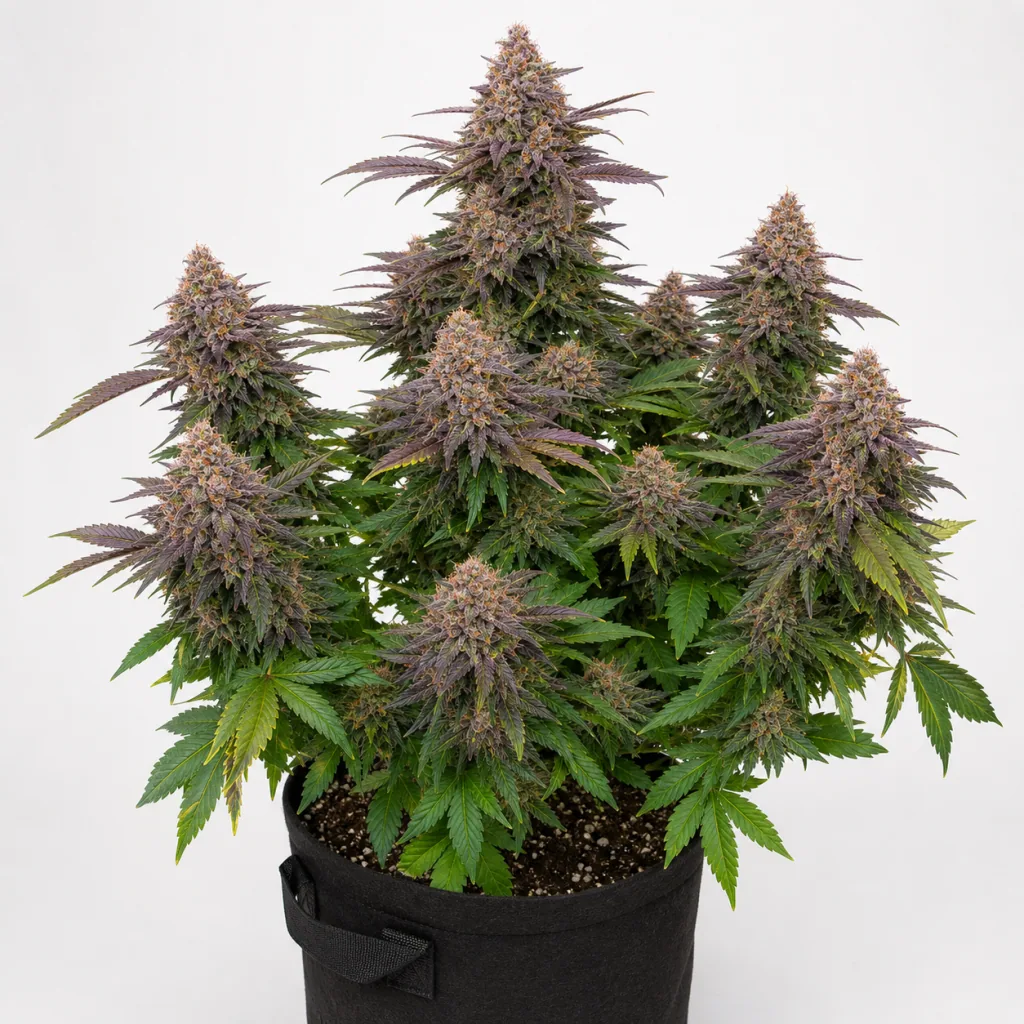 Planta de Super Skunk Feminizada en maceta textil negra, con varias colas florales, hojas verdes y tonos violáceos sobre fondo blanco.