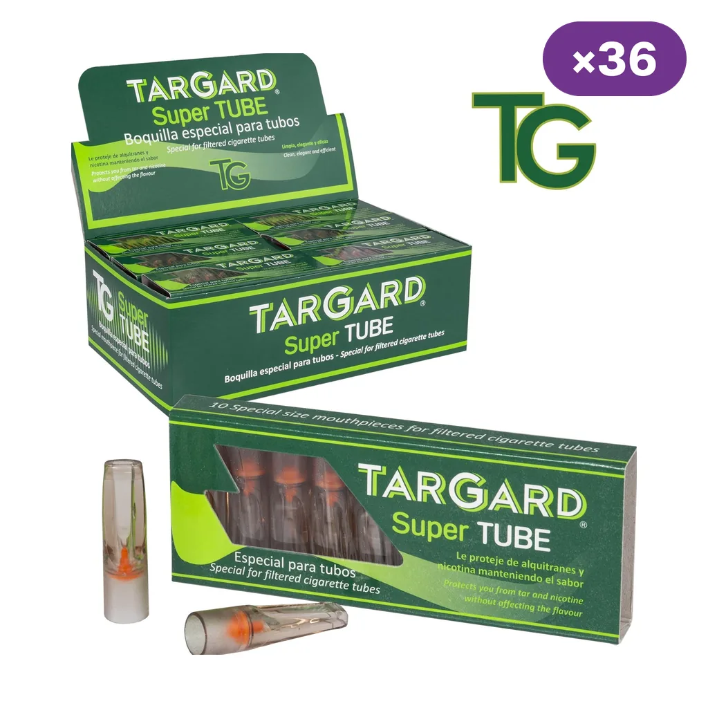 Expositor verde TG Targard Super Tube con indicación de 36, cajita de 10 boquillas y boquillas transparentes sueltas con interior naranja.