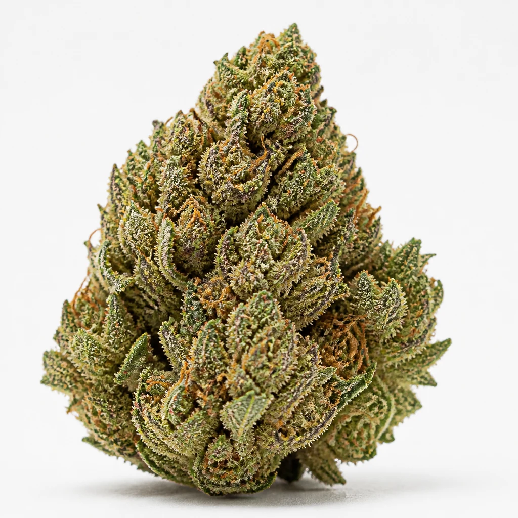Ilustración de un cogollo para la ficha de Superb OG, de forma cónica, con hojas verdes de tonos morados, tricomas claros y pistilos naranjas.
