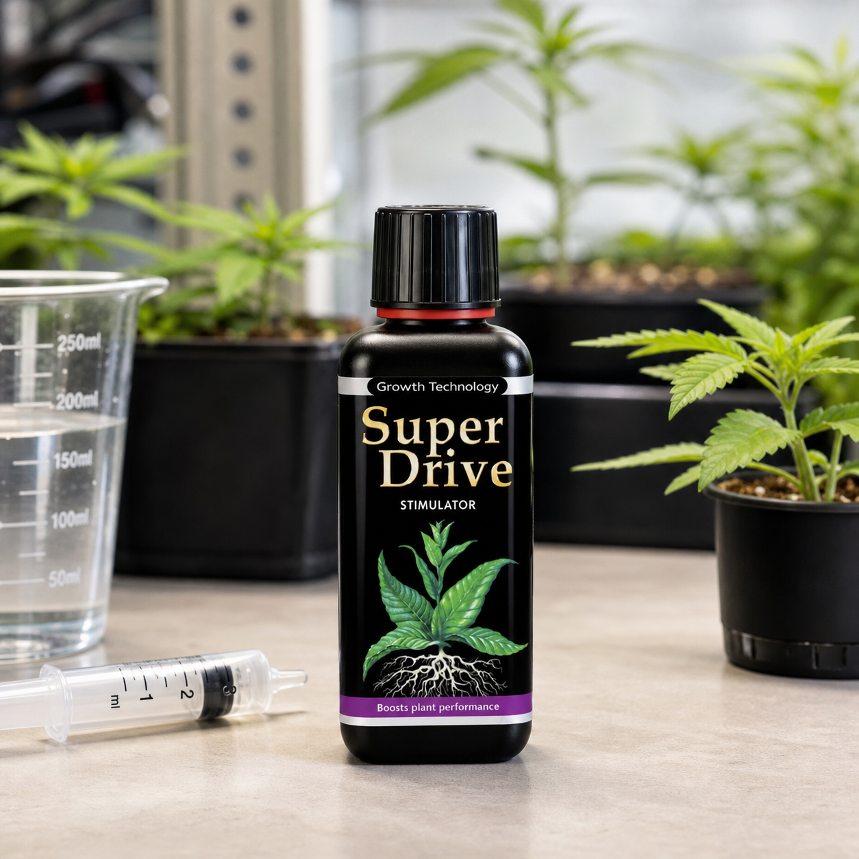 Frasco negro de Super Drive de Growth Technology sobre una mesa, junto a una jeringa dosificadora, un vaso graduado y plantas en macetas.