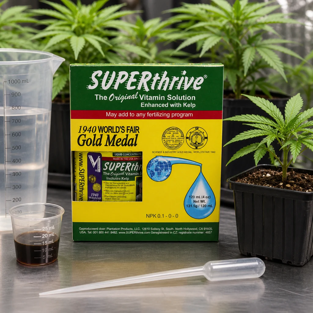 Escena generada de una caja de Superthrive entre plantas en macetas, con una jarra graduada, un vaso con líquido oscuro y una pipeta.