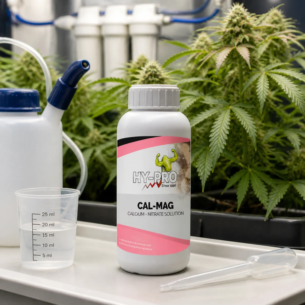 Bote de Cal-Mag HY-PRO sobre una bandeja con vaso graduado, pipeta y pulverizador, ante plantas de cannabis en floración.