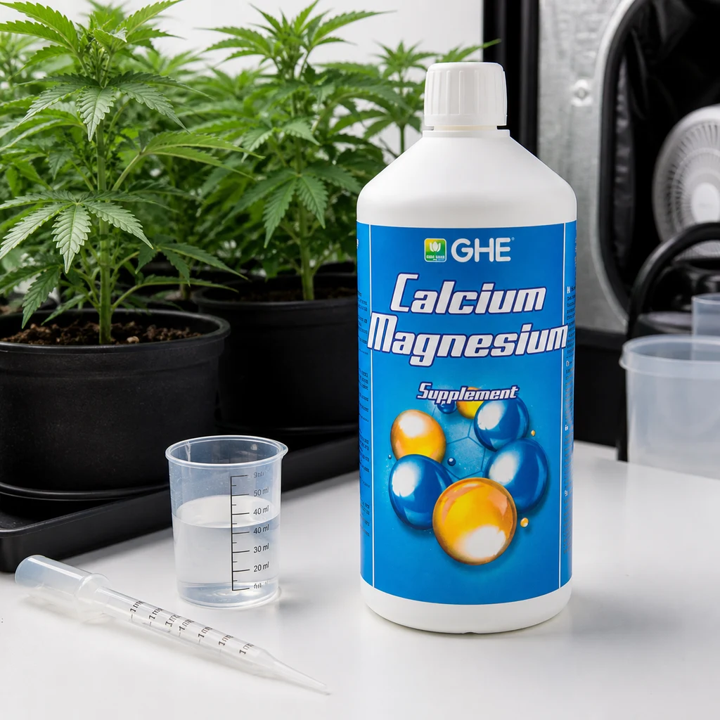 Bote de suplemento Calcium Magnesium de GHE junto a un vaso graduado y una pipeta, con plantas de cannabis al fondo.