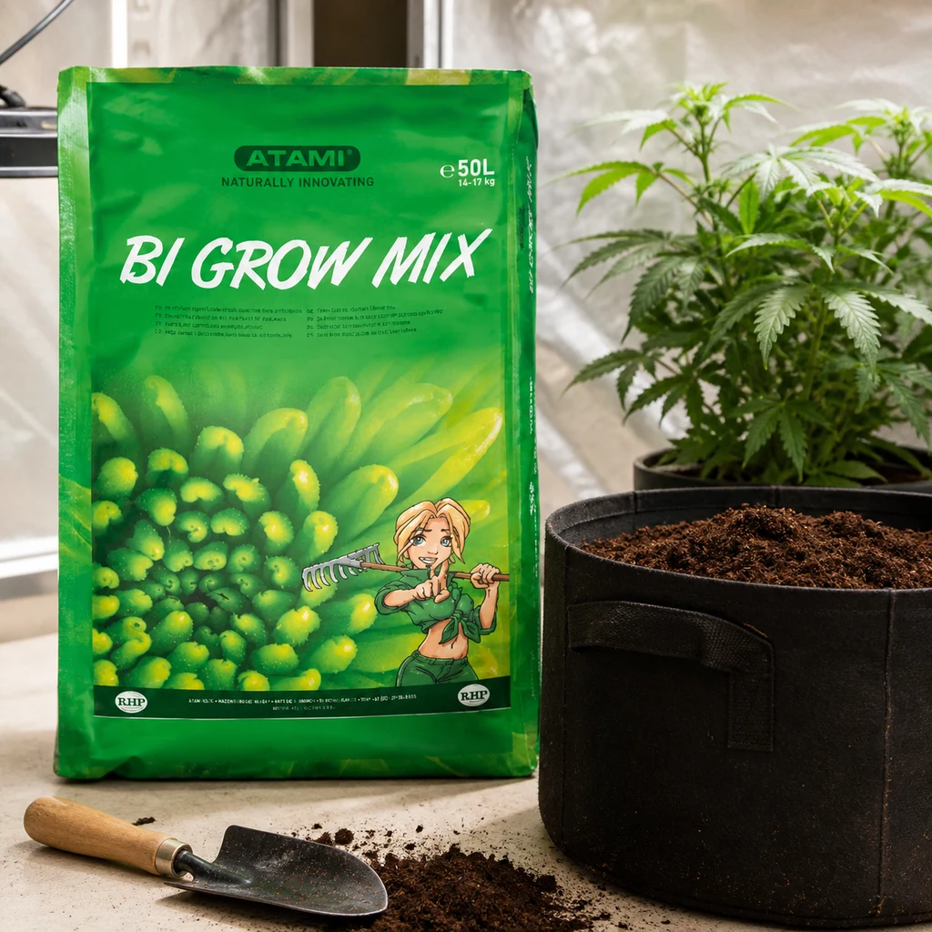 Saco verde Atami Bi-Grow Mix de 50 L junto a una maceta textil llena de sustrato, una pala y tierra esparcida, con una planta al fondo.
