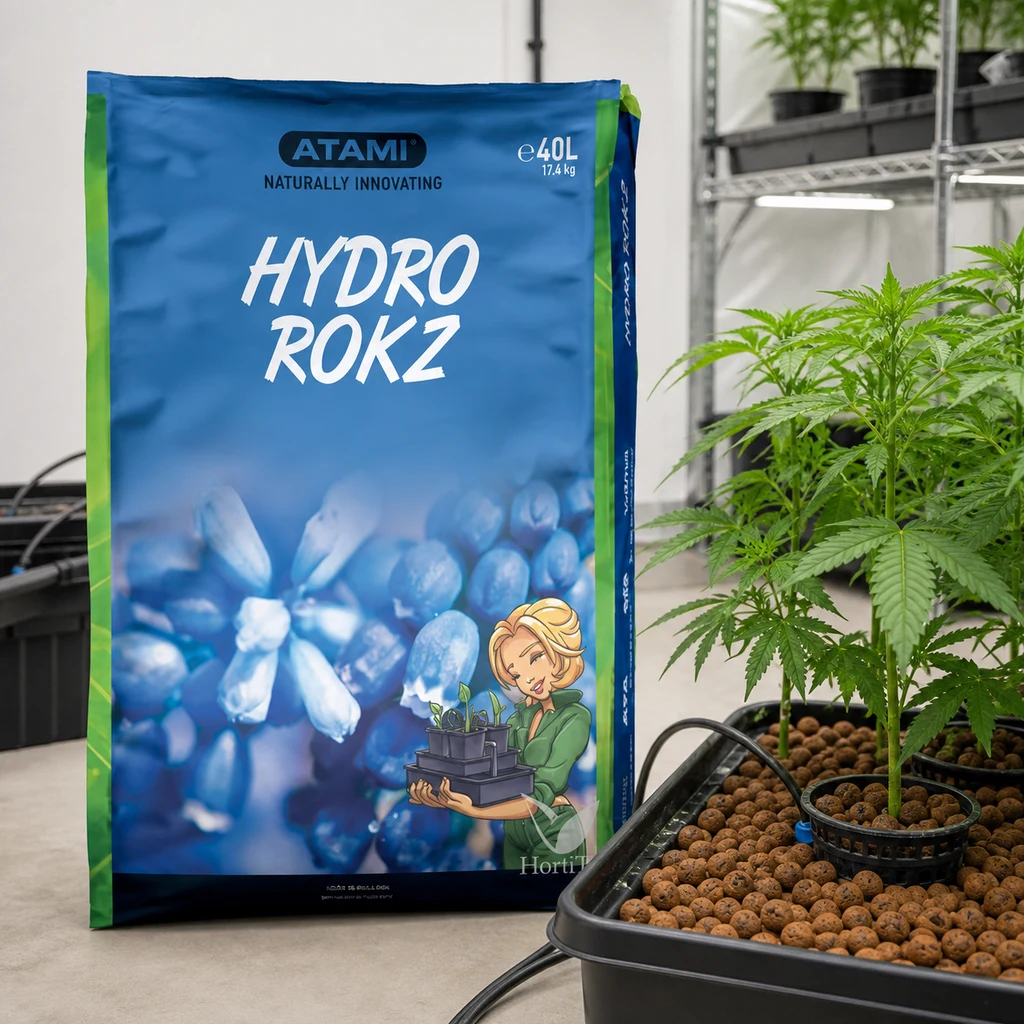 Saco azul de Hydro Rokz 40 L de Atami junto a una bandeja con bolas de arcilla, plantas y tubos de riego en una escena de cultivo interior. Saco azul de Hydro Rokz 40 L de Atami junto a una bandeja con bolas de arcilla, plantas y tubos de riego en una escena de cultivo interior.
