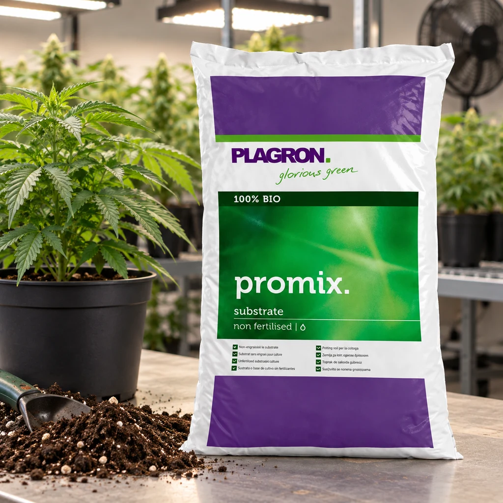 Escena generada de un saco Plagron Promix blanco, verde y morado, junto a una planta en maceta, sustrato suelto y una pala.