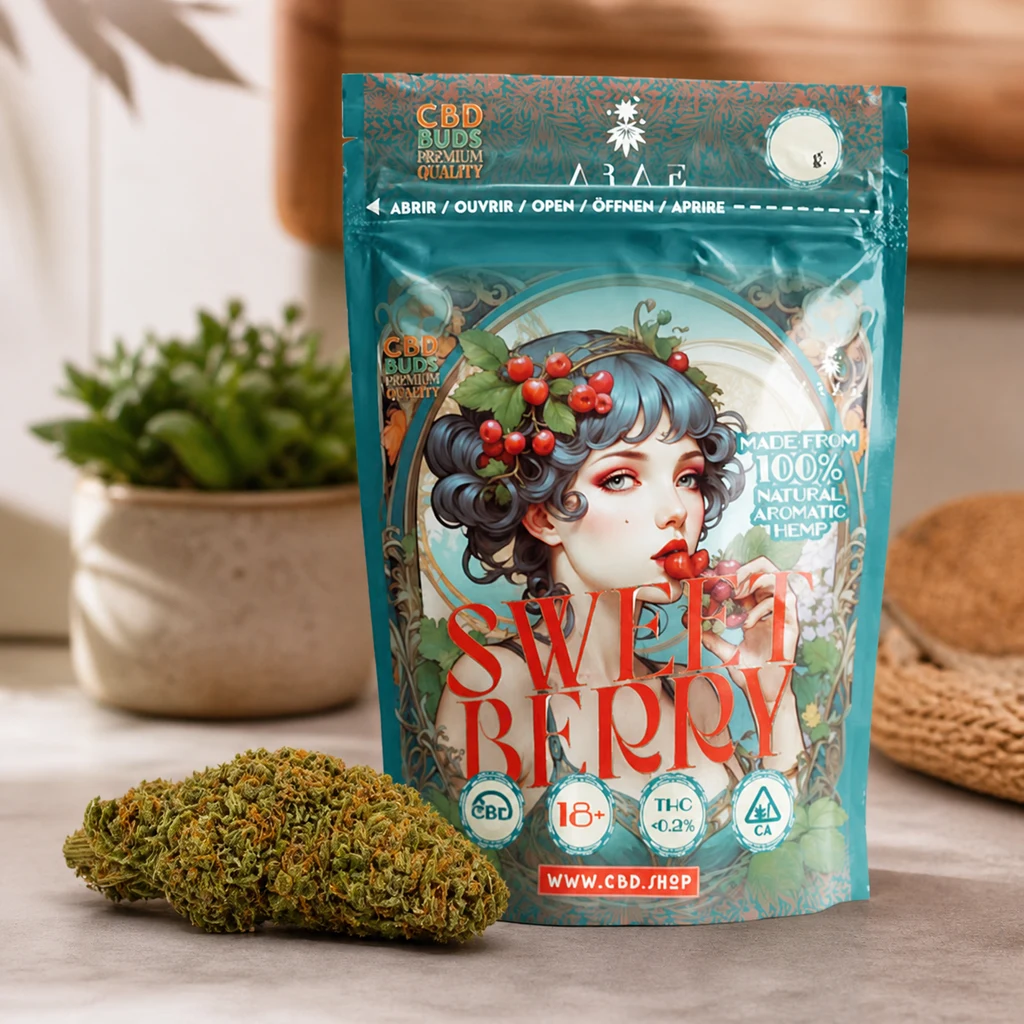 Bolsa turquesa Sweet Berry CBD con una mujer ilustrada y frutos rojos, junto a un cogollo sobre una mesa en una escena generada.