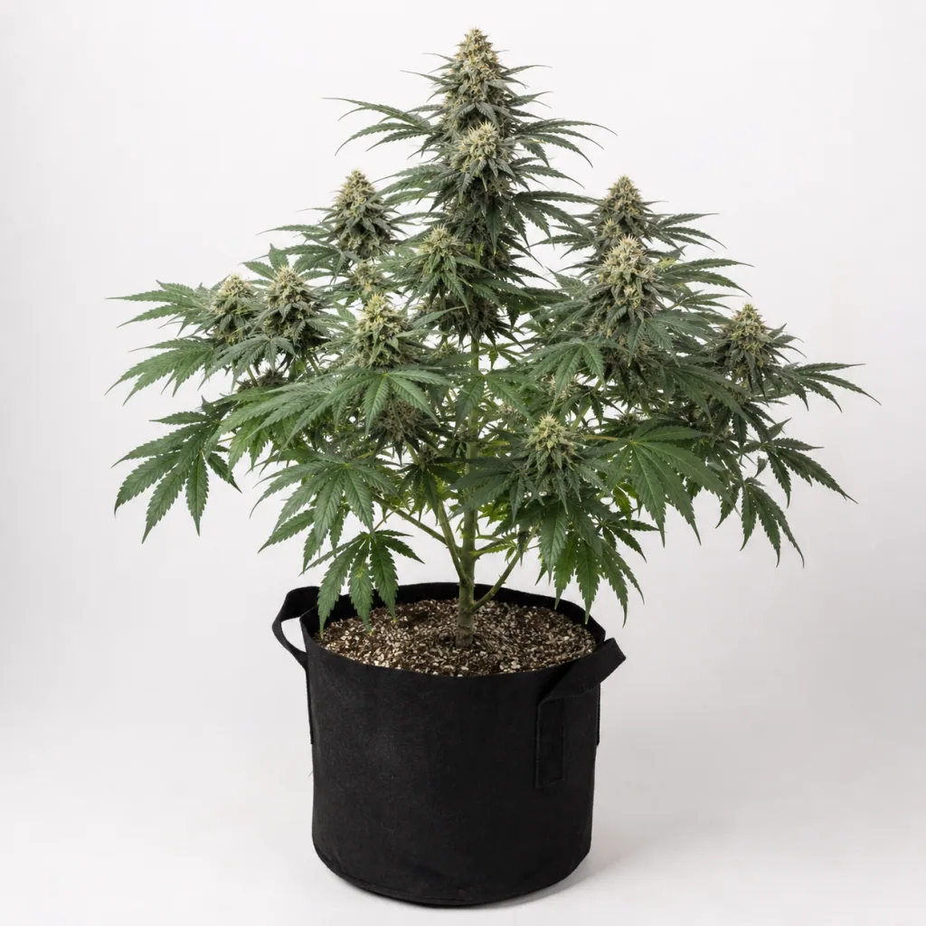 Planta de Auto Somango Glue en floración, con varias ramas floridas y hojas verdes, en una maceta negra con asas sobre fondo blanco.
