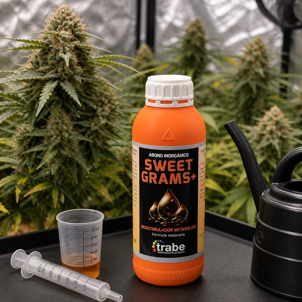 Bote naranja de Sweet Grams Plus Trabe sobre una bandeja, con vaso dosificador, jeringa y regadera junto a plantas de cannabis.