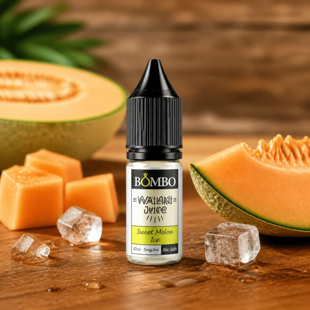 Frasco de Sweet Melon Ice Wailani Juice de Bombo con tapón negro, entre trozos de melón y cubitos de hielo sobre una mesa de madera.