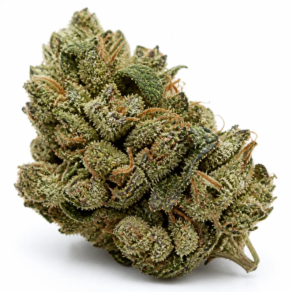 Ilustración de un cogollo verde con pequeñas hojas y pistilos anaranjados para la ficha de Sweet Pure CBD Feminizada de Sweet Seeds.