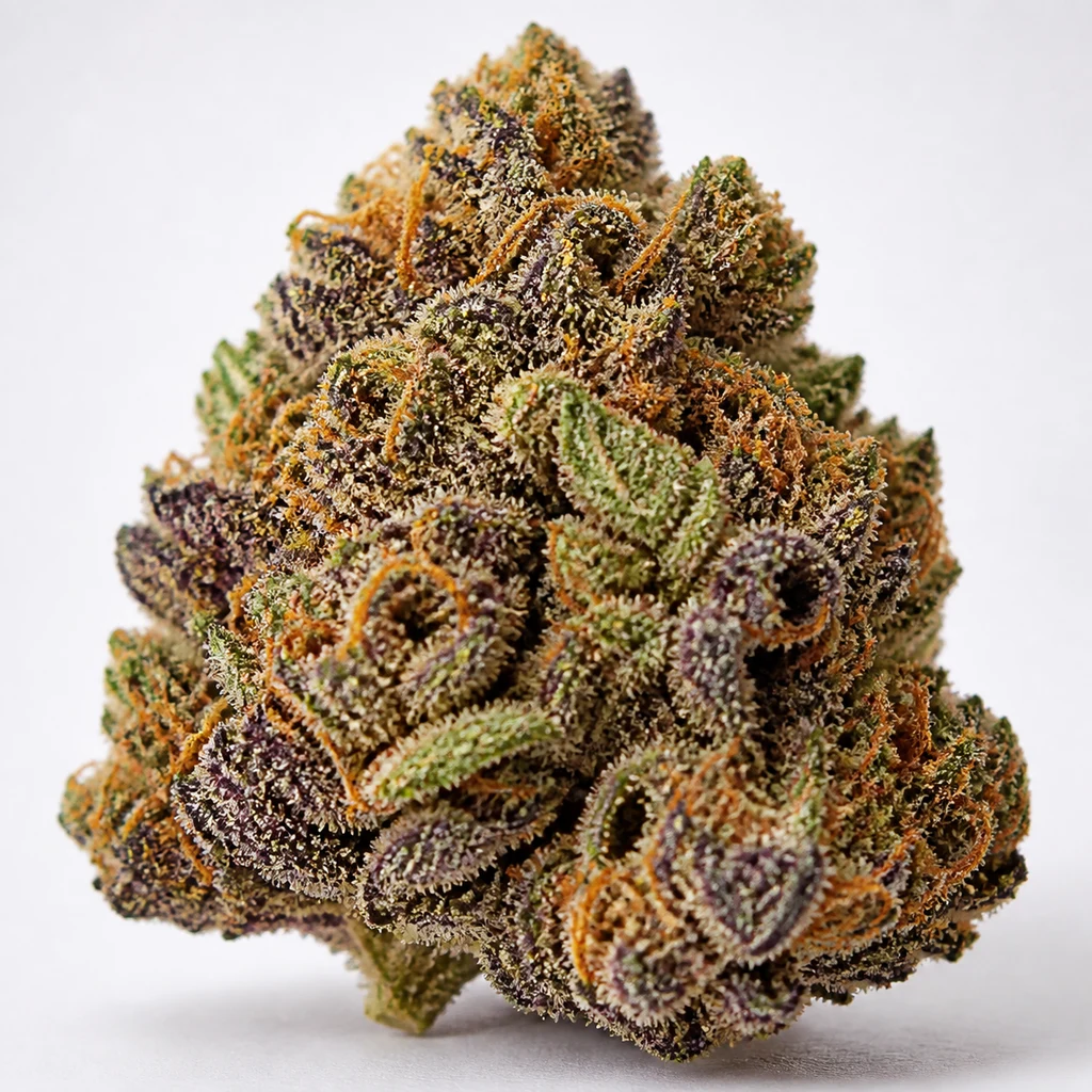 Ilustración de un cogollo con tonos morados y verdes, pistilos naranjas y abundantes tricomas para la ficha de Sweet Purple.