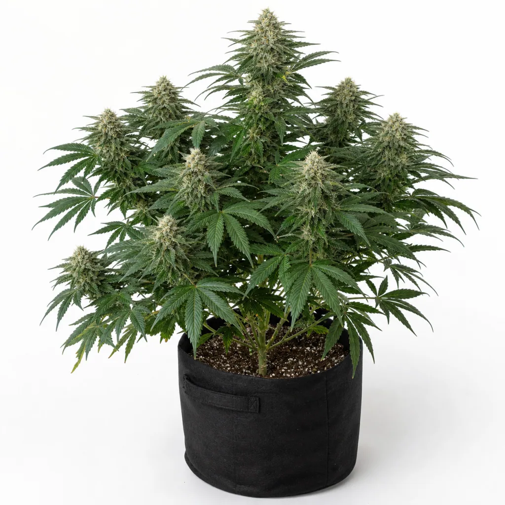 Planta de Sweet Tooth Auto de Bulk Seeds en floración, con varias ramas cargadas de cogollos y maceta negra sobre fondo blanco.
