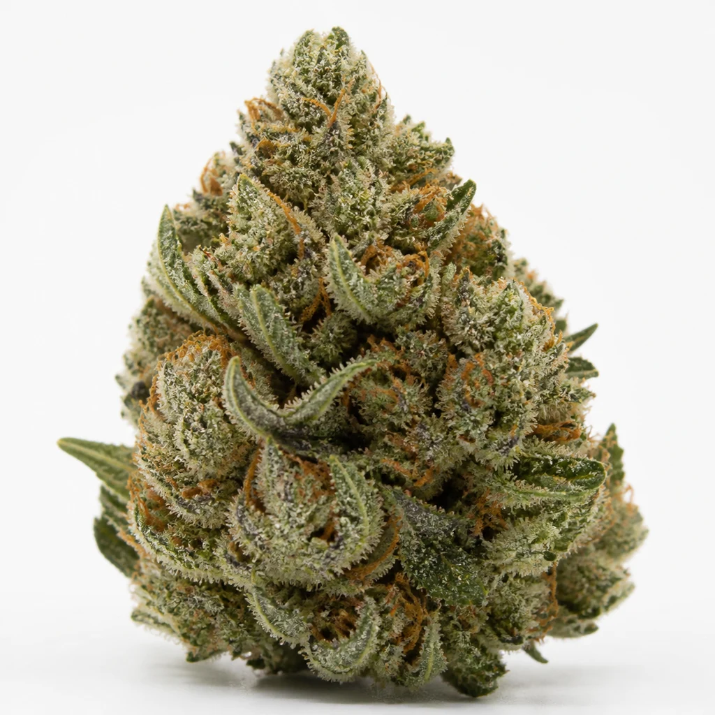 Ilustración de un cogollo verde de forma cónica, con tricomas y filamentos anaranjados, para la ficha de Sweet Valley Kush.