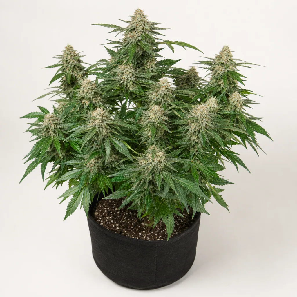 Planta de Sweet Zombie en floración, con varias ramas de cogollos y hojas verdes dentadas, en maceta textil negra sobre fondo claro.