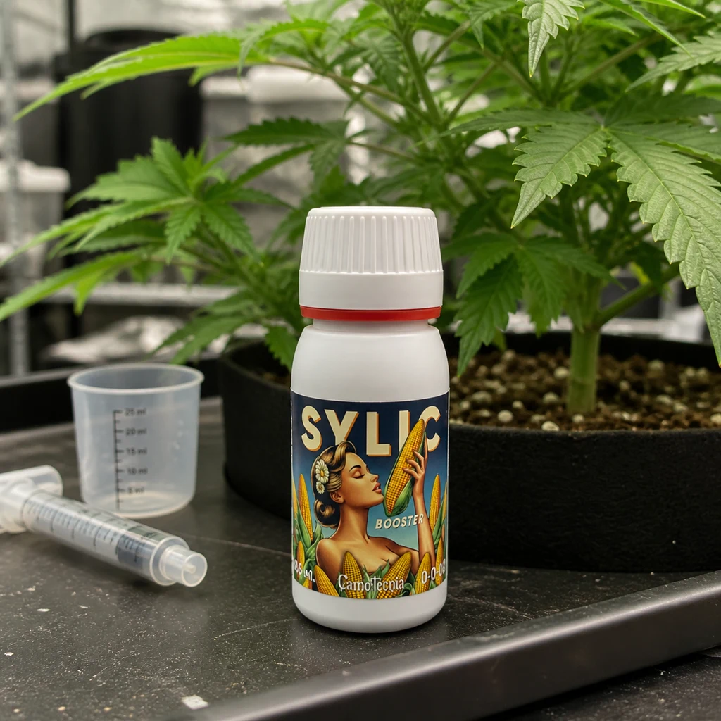 Bote de Sylic Booster Cannotecnia junto a un vaso medidor y una jeringa, sobre una mesa con plantas de cannabis en macetas al fondo.