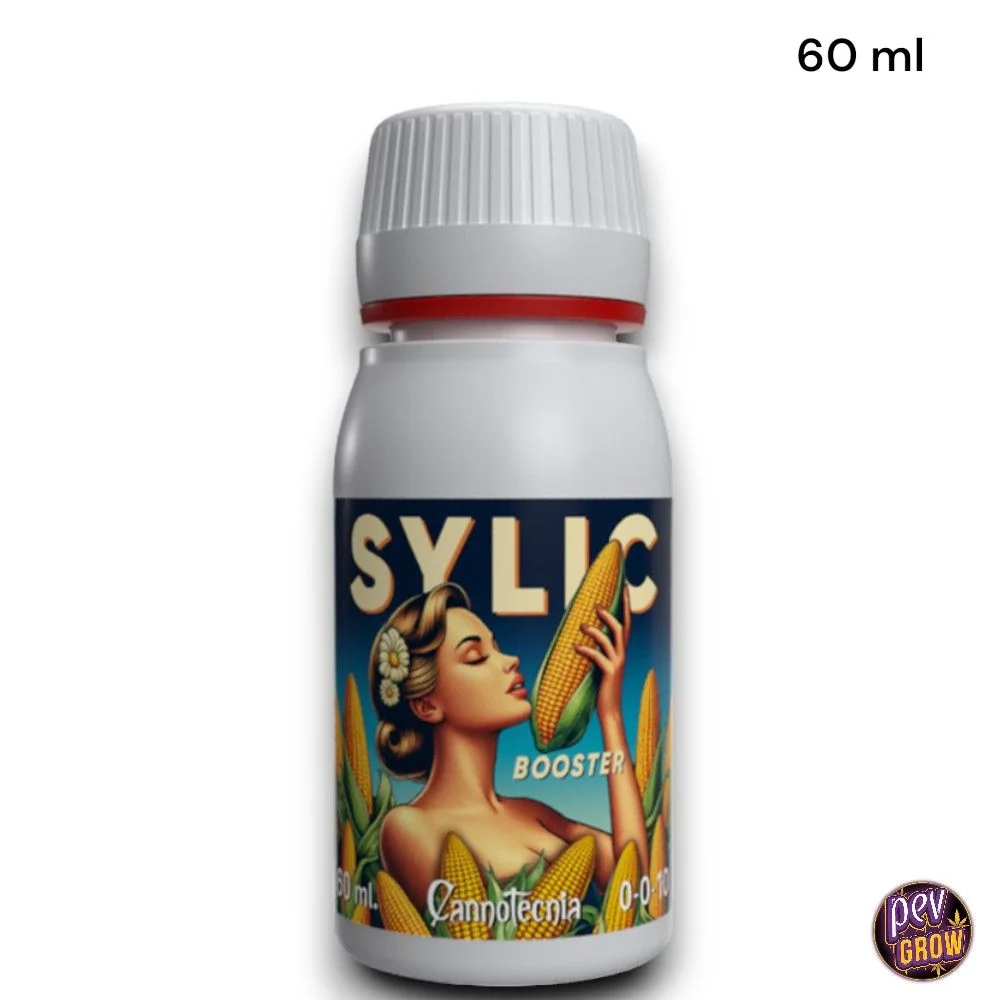Bote blanco de Sylic Booster Cannotecnia con tapón estriado y etiqueta ilustrada con una mujer sosteniendo una mazorca de maíz.