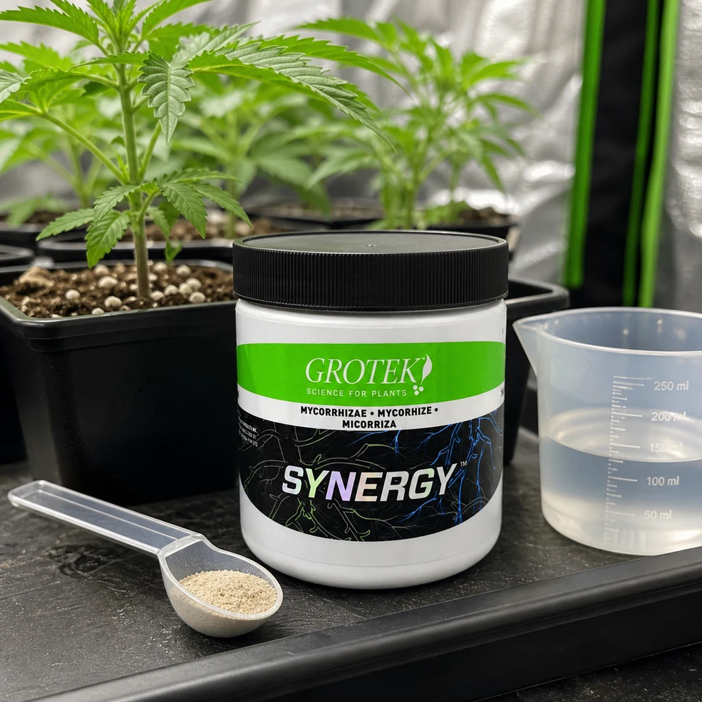 Bote de Grotek Synergy con tapa negra junto a una cuchara con polvo, un vaso graduado con líquido y plantas en macetas. Bote de Grotek Synergy con tapa negra junto a una cuchara con polvo, un vaso graduado con líquido y plantas en macetas.