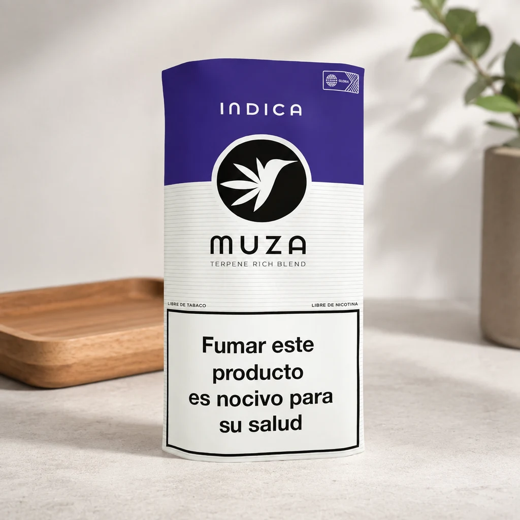 Bolsa blanca y morada MUZA Indica sobre una encimera, con advertencia sanitaria frontal, bandeja de madera y planta al fondo.