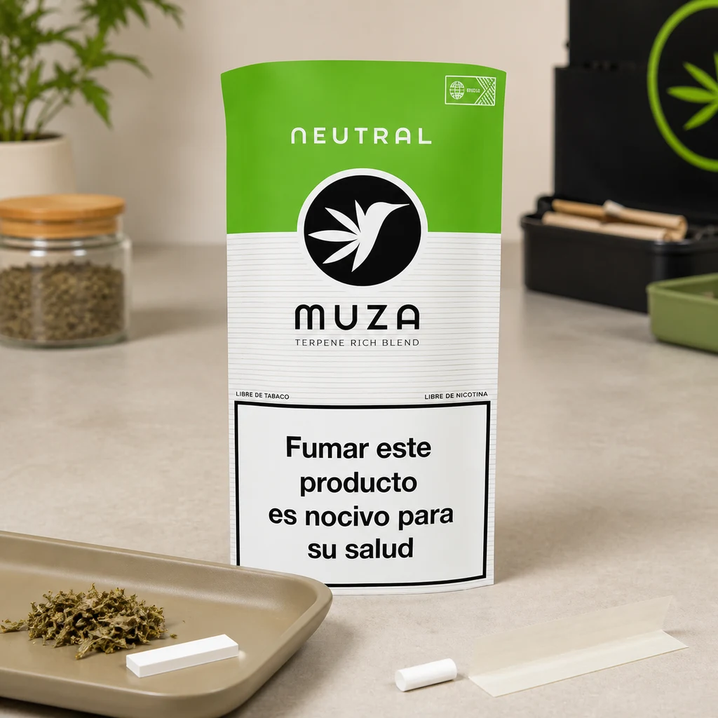 Escena generada de una bolsa verde y blanca MUZA Neutral con advertencia sanitaria, junto a hierbas, papel y accesorios para liar.