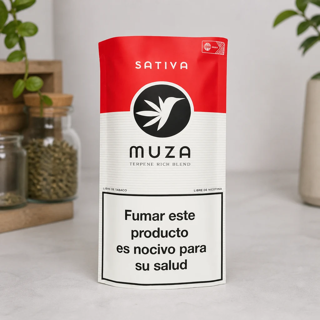 Bolsa roja y blanca MUZA Sativa sobre una encimera, con logotipo negro y advertencia visible sobre los daños de fumar.