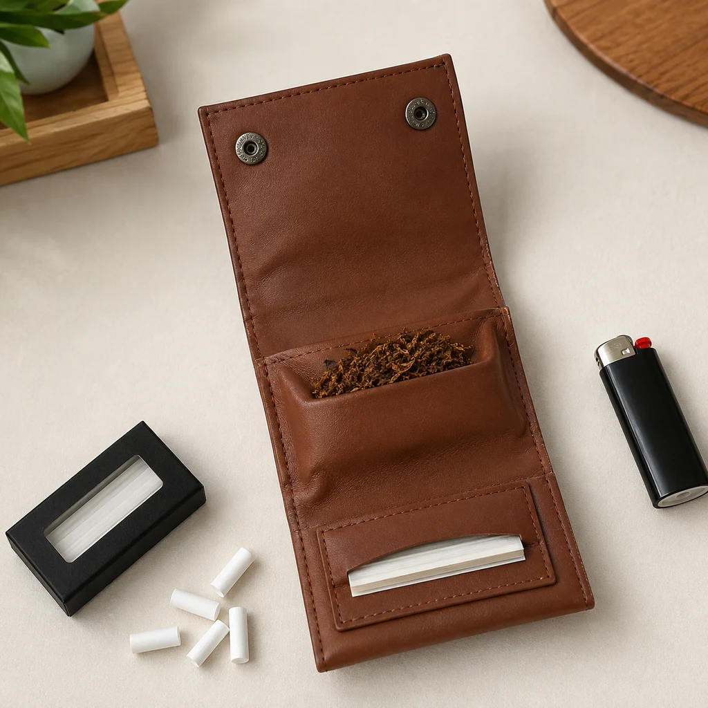 Bolsa marrón para tabaco abierta, con tabaco en el bolsillo y papel de liar en el dispensador, junto a filtros y un encendedor.