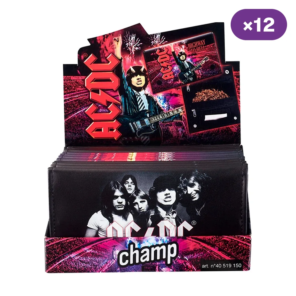 Expositor Champ con varias tabaqueras decoradas con fotografías de AC/DC en negro y rojo, y distintivo de 12 unidades.