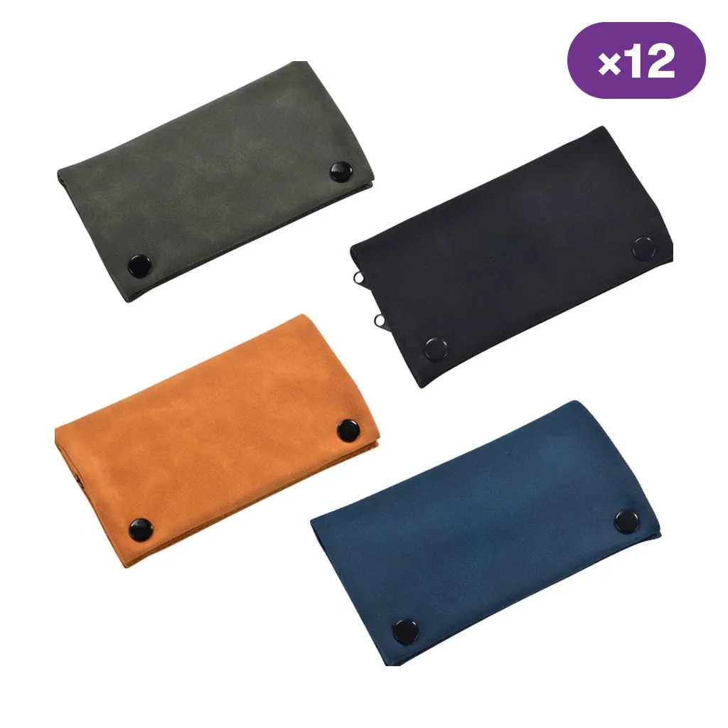Selección de tabaqueras rectangulares en verde oliva, negro, naranja y azul, con cierres de presión y distintivo de 12 unidades.