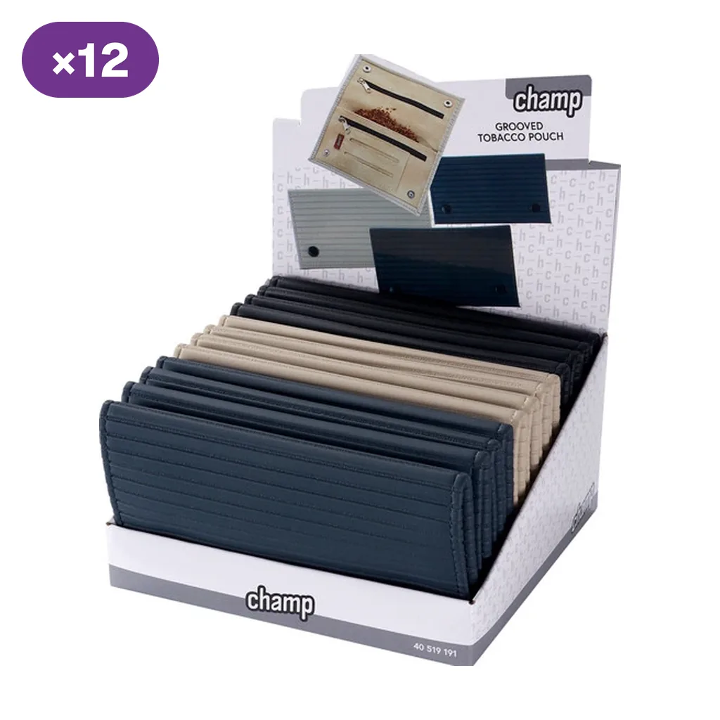 Expositor Champ con varias tabaqueras rectangulares de superficie acanalada en tonos oscuros y beige, con indicación de 12 unidades.