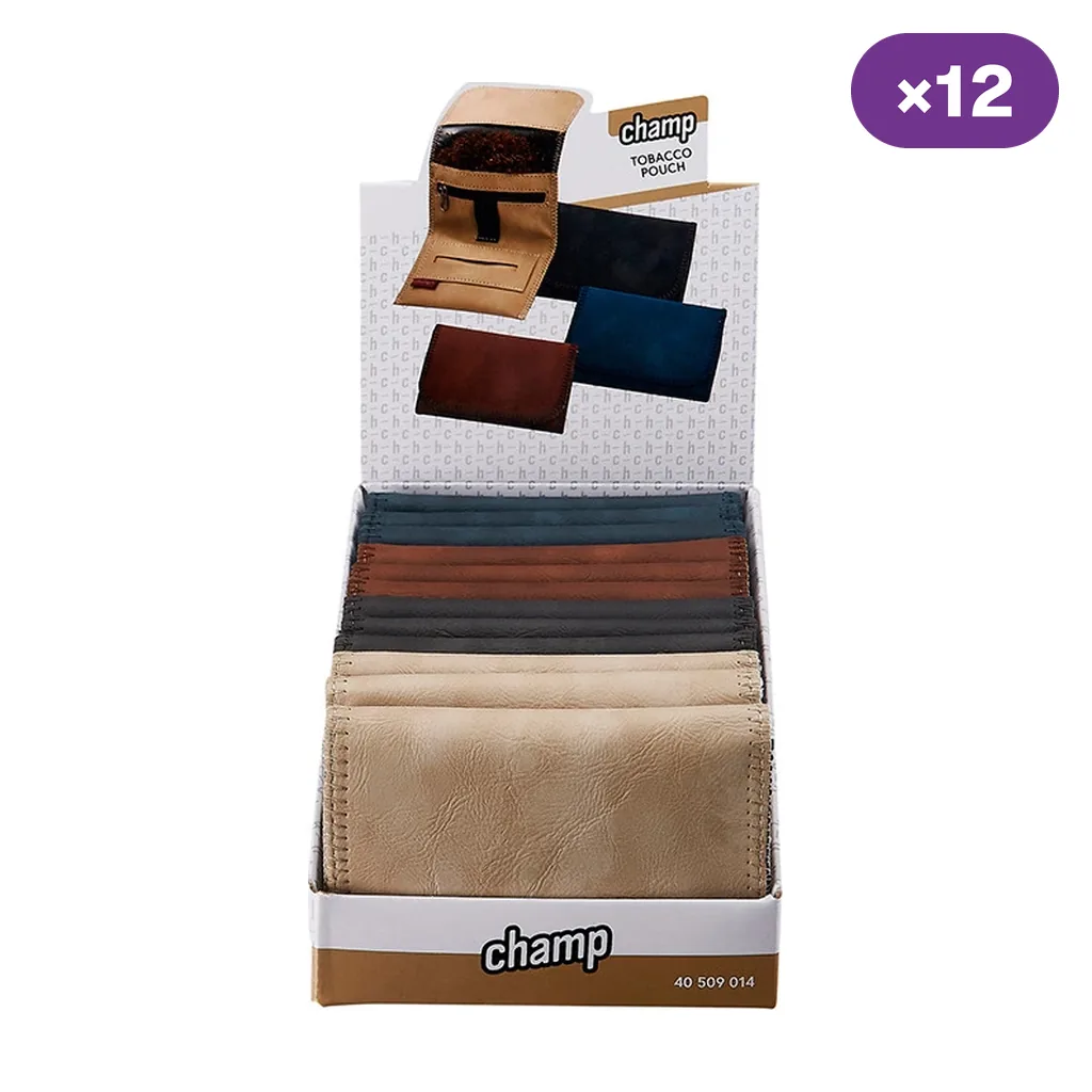 Expositor Champ con tabaqueras en tonos beige, marrón, negro y azul; el cartel muestra una abierta y un distintivo indica doce unidades.
