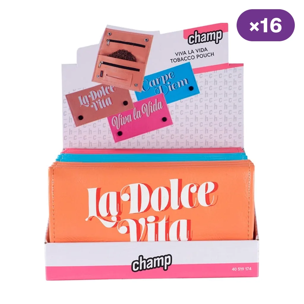 Expositor Champ de tabaqueras en naranja, azul y rosa, con frases como «La Dolce Vita» y «Viva la Vida», y distintivo ×16.
