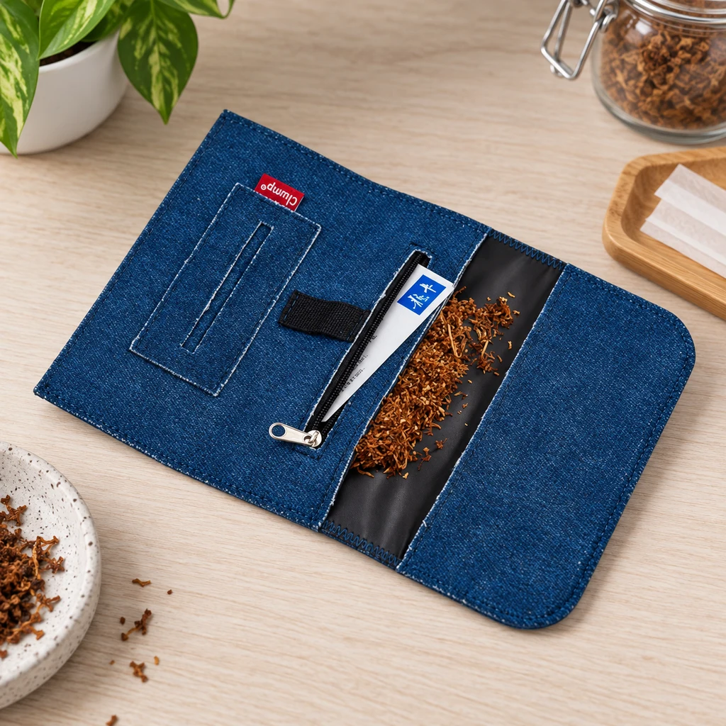 Funda vaquera azul para tabaco abierta sobre una mesa, con tabaco suelto, bolsillo con cremallera y compartimento para papel.