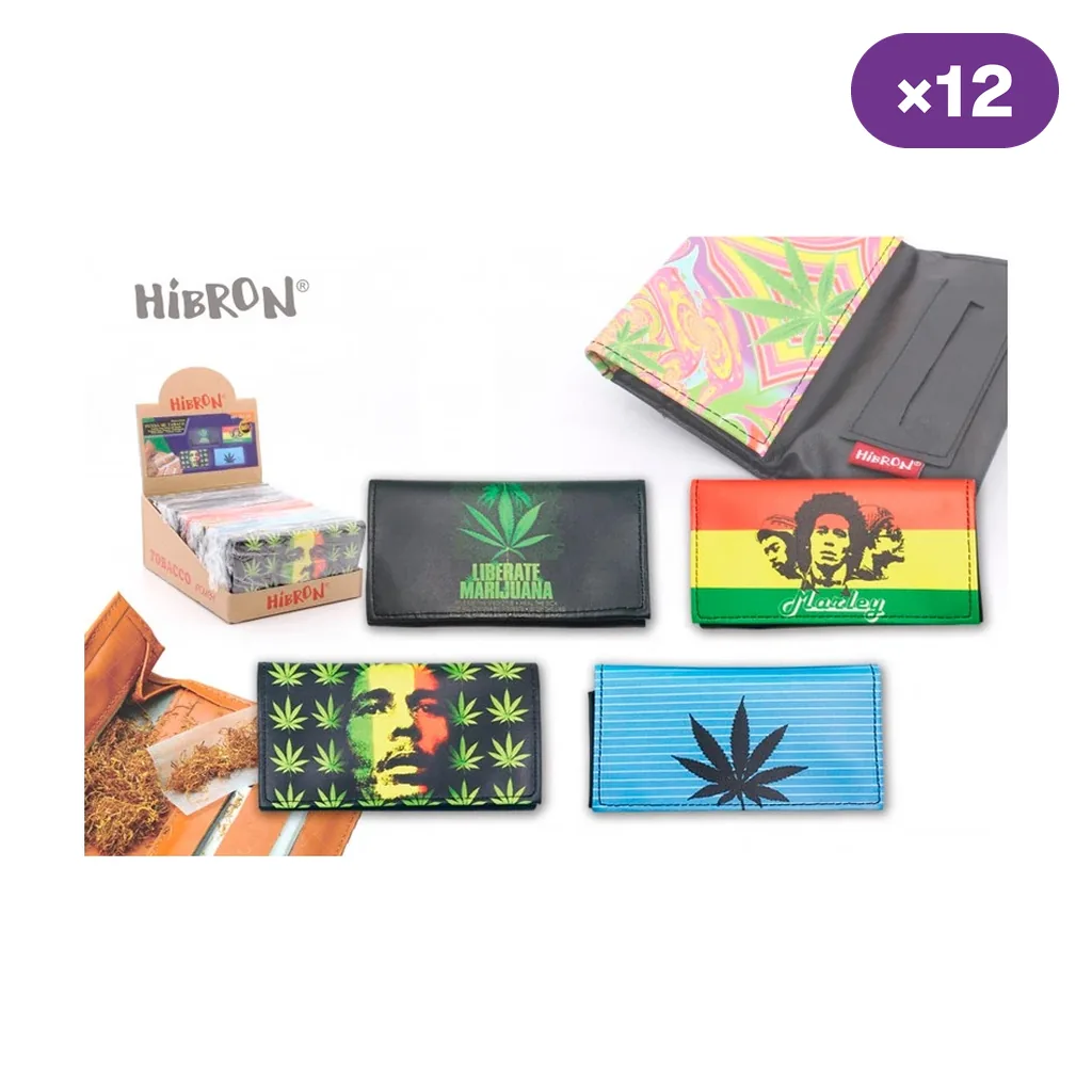 Selección de tabaqueras Hibron con retratos de Bob Marley, hojas de cannabis y diseños multicolor, junto a una caja expositora.