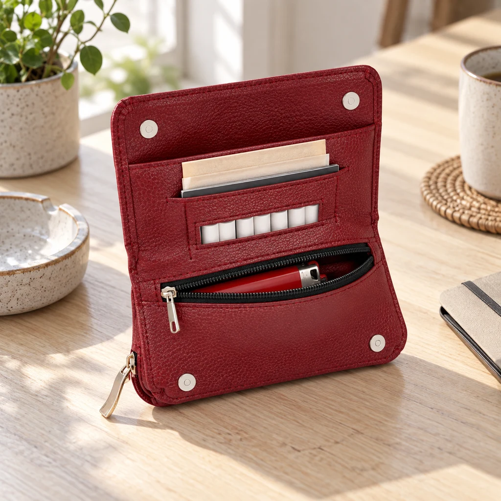 Bolsa roja para tabaco de liar abierta, con papeles, filtros blancos y un mechero rojo en un bolsillo con cremallera.