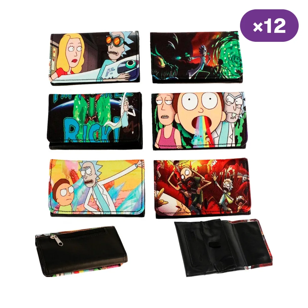Tabaqueras con distintas escenas de Rick y Morty; se muestran diseños exteriores, una cremallera y el interior negro desplegado.