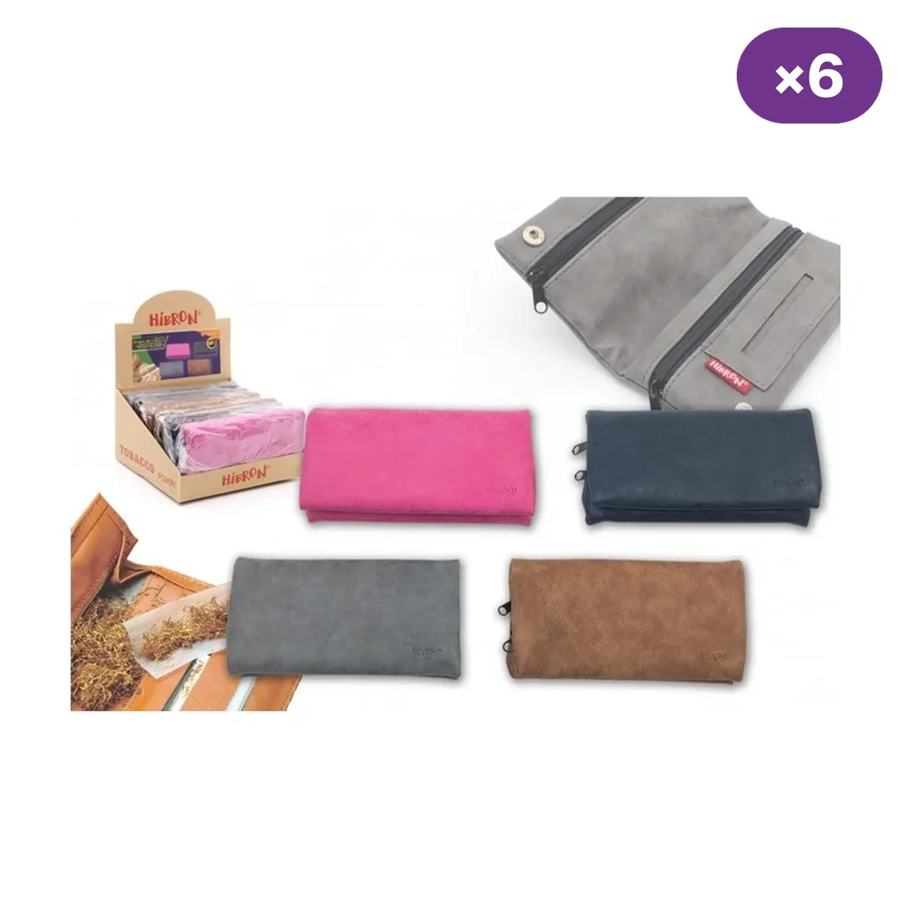 Tabaqueras Hibron en rosa, negro, gris y marrón, con un modelo abierto que muestra cremalleras, expositor y distintivo de seis unidades.