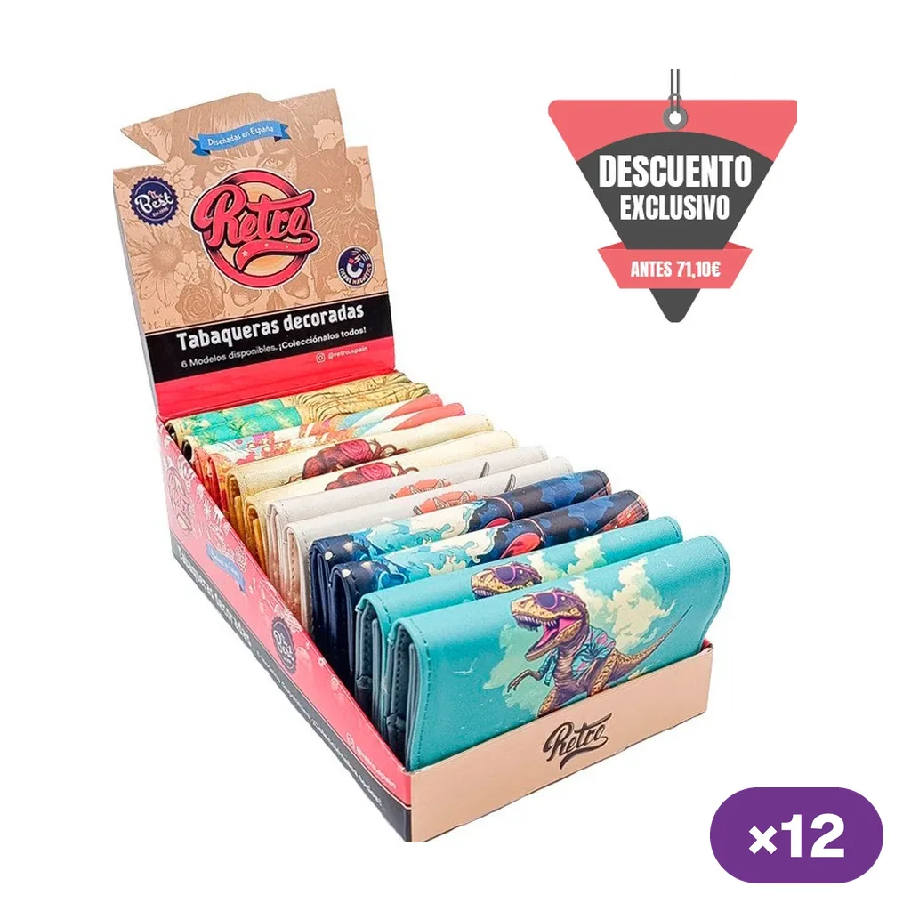 Expositor Retro de 12 tabaqueras con distintos estampados; delante destaca un modelo turquesa con un dinosaurio con gafas.