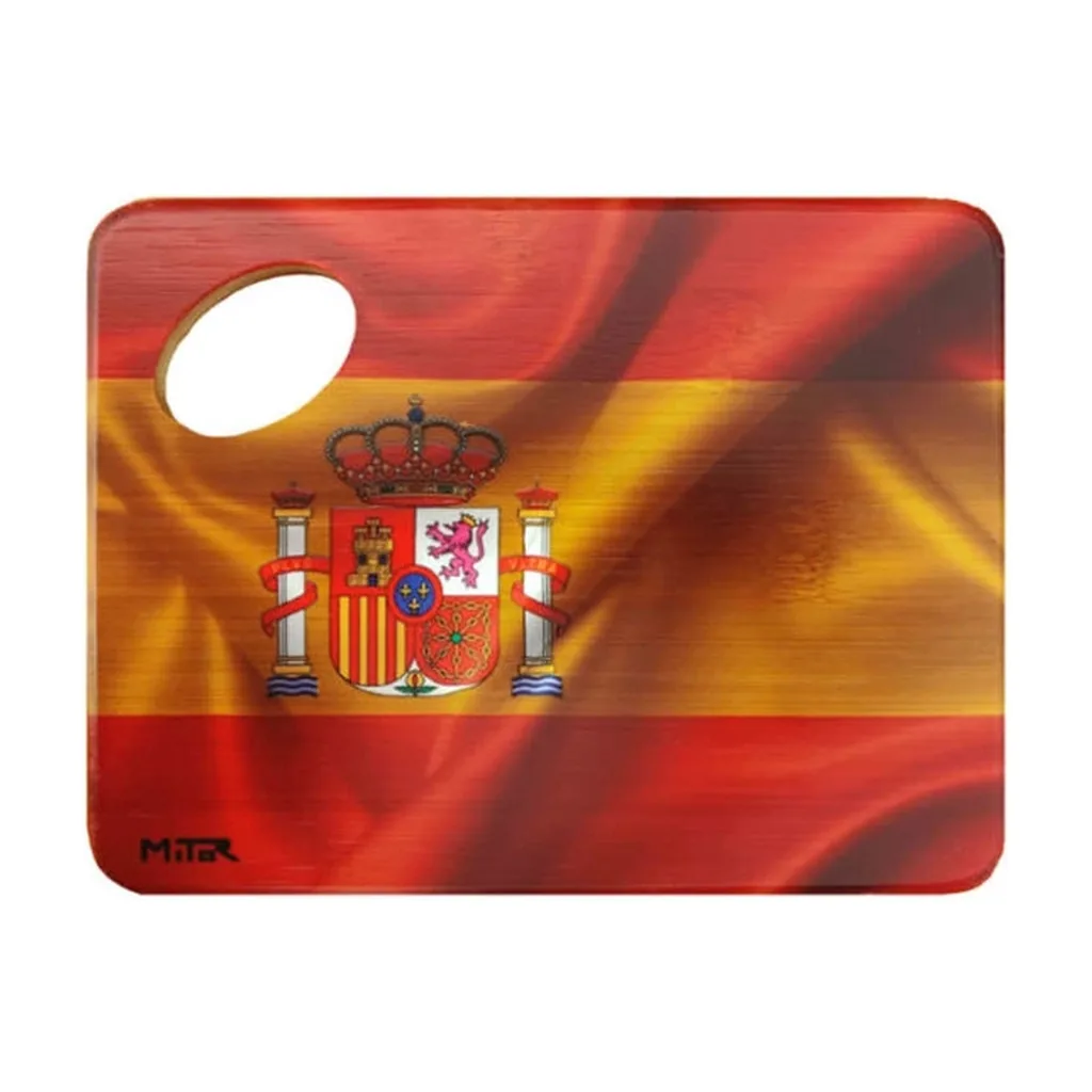 Tabla de mezcla rectangular con esquinas redondeadas, orificio ovalado en una esquina y diseño de la bandera de España con escudo. Tabla de mezcla rectangular con esquinas redondeadas, orificio ovalado en una esquina y diseño de la bandera de España con escudo.