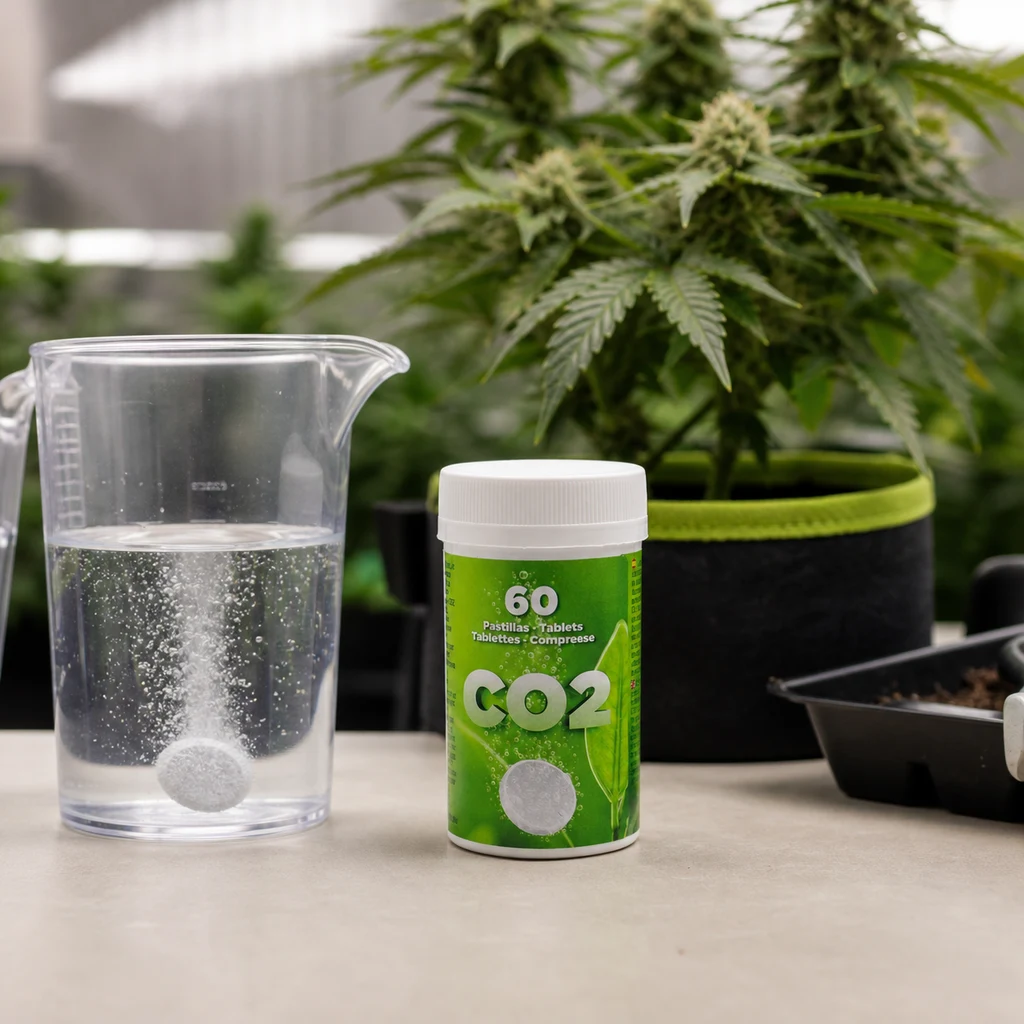 Bote de 60 tabletas de CO2 junto a una jarra con agua, una pastilla y burbujas, con plantas de cannabis al fondo. Bote de 60 tabletas de CO2 junto a una jarra con agua, una pastilla y burbujas, con plantas de cannabis al fondo.