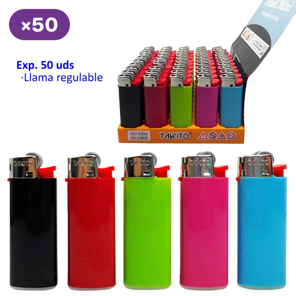 Encendedores Mini Takito en negro, rojo, verde, rosa y azul, alineados delante de un expositor rotulado con 50 unidades y llama regulable.