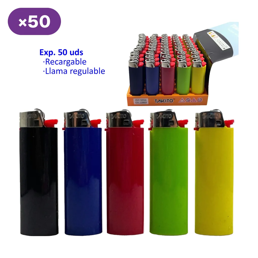 Encendedores Takito Maxi en negro, azul, rojo, verde y amarillo, con expositor y texto de 50 unidades, recargables y llama regulable.