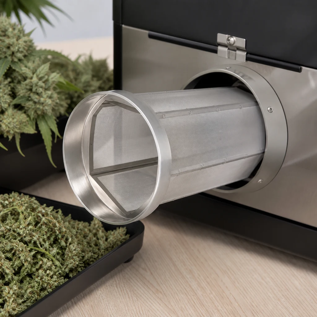 Tambor de resina para Master Trimmer MT Dry 120 con malla cilíndrica, parcialmente extraído de una máquina junto a restos vegetales.