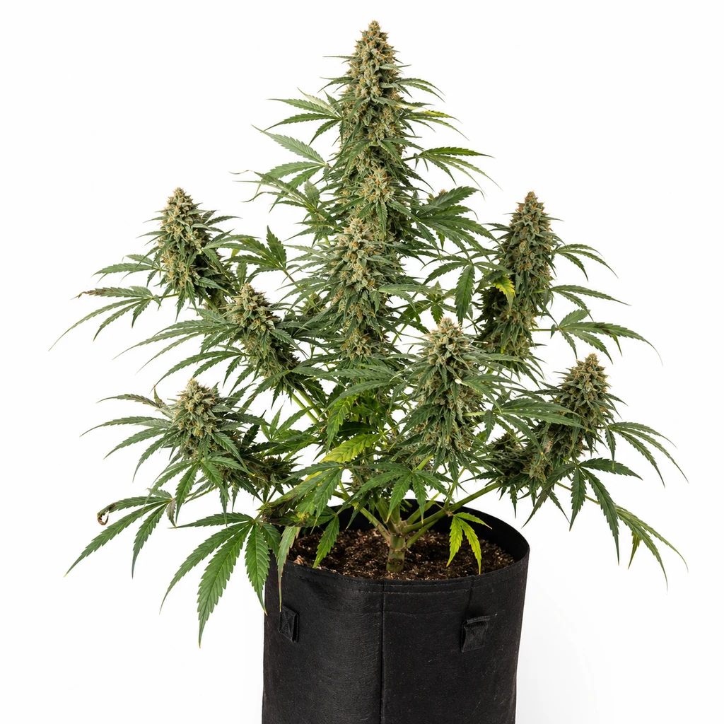 Ilustración de una planta con cogollos alargados, hojas verdes y maceta negra para la ficha de Tangerine Dream Feminizada.