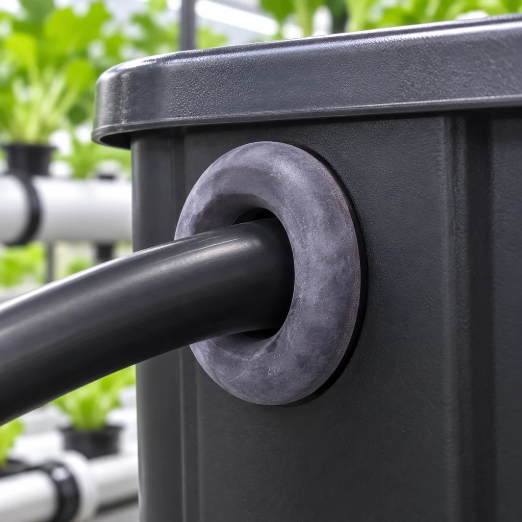 Detalle de una junta circular gris alrededor de un tubo negro que atraviesa la pared de un depósito, con plantas al fondo.