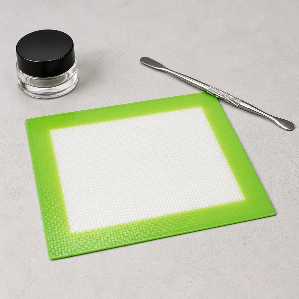 Mantel rectangular de silicona para BHO con borde verde y centro blanco, sobre una mesa junto a un tarro y una espátula metálica.