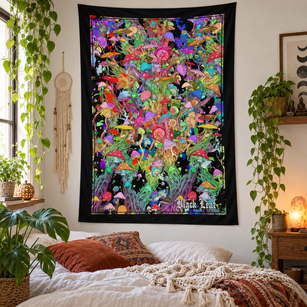 Tapiz mural de borde negro con hongos multicolores y texto Black Leaf, colgado sobre una cama en un dormitorio con plantas.
